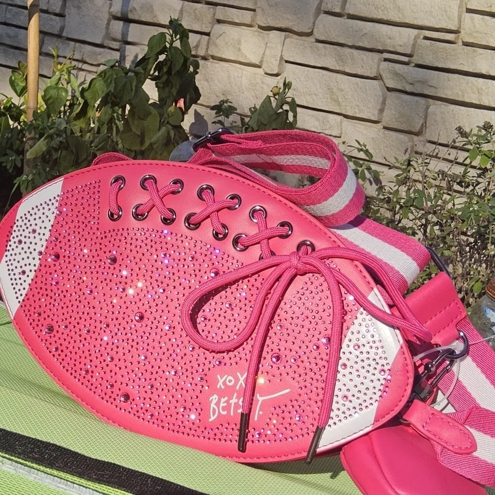 Betsey Johnson Pink and White Football Crossbody with Lace Details